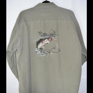 RedHead Olive Green Shirt Fish Embroidered Back Button Front Cotton Men's XXL